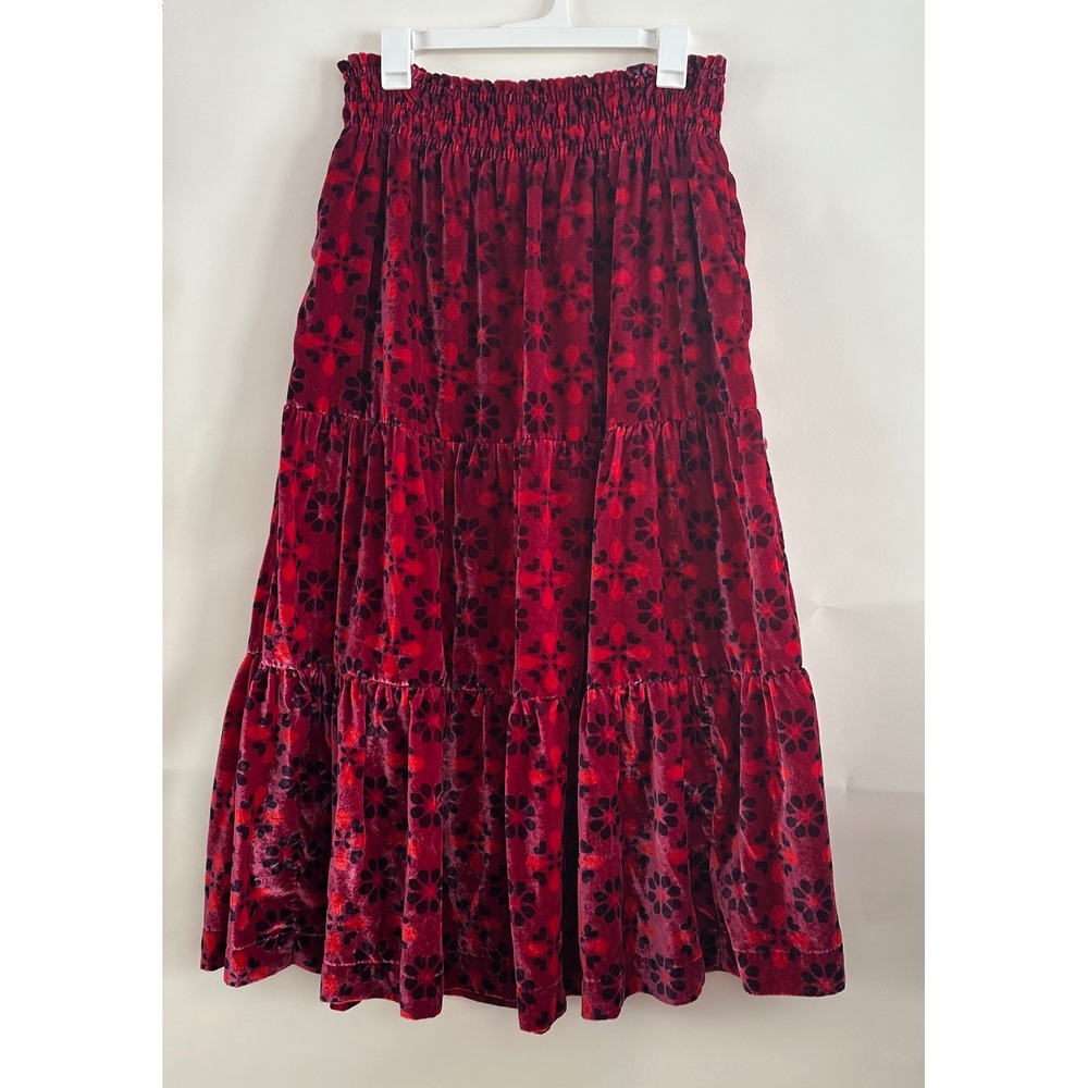 Anthropologie Red Velvet Floral Tiered Midi Skirt Smocked Pockets M